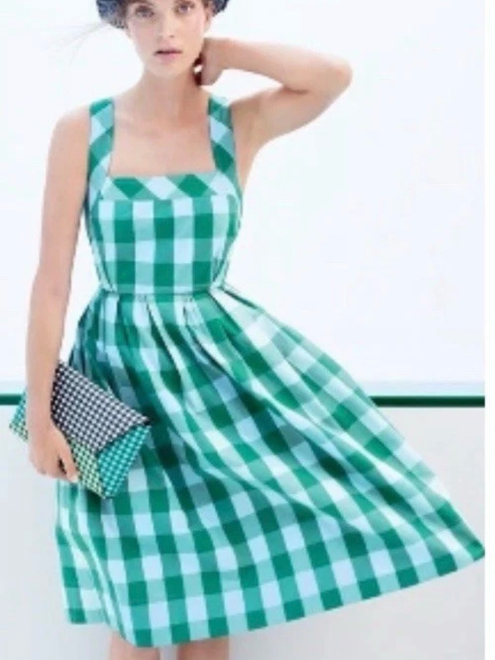 J. Crew Green and White Gingham Square-Neck Midi Dress - Picture 1 of 8